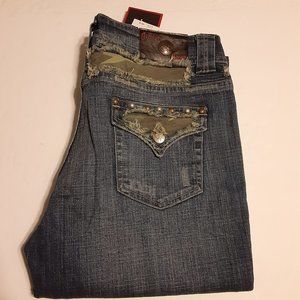 J Star Women's Camo Patched Studded Flare Leg Raw Hem Jeans Size 13/14 NWT